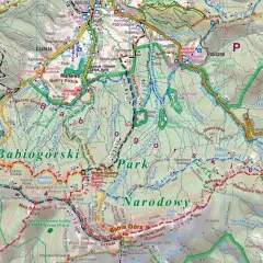 Mapa turystyczna **Beskidu Żywieckiego** z zaznaczonymi szlakami, szczytami (Babia Góra, Diablak) i obiektami.
