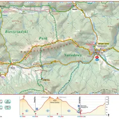 Mapa przedstawia fragment Głównego Szlaku Beskidzkiego, z zaznaczonymi etapami, szczytami (np. Połonina Caryńska) i schroniskami.