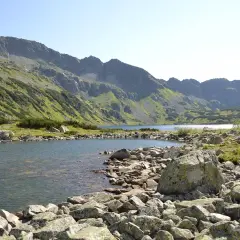 Kamieniste brzegi jeziora w Tatrach, idealne na wędrówki. Szlaki w Zakopanem prowadzą przez takie malownicze krajobrazy.