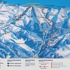 Mapa Tatr z zaznaczonymi szlakami narciarskimi i pieszymi, kolejkami linowymi i szczytami.