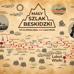 Mapa "Mały Szlak Beskidzki" od Bielska-Białej do Lubonia Wielkiego, ukazująca malownicze trasy i punkty widokowe, w tym Beskid Wyspowy.