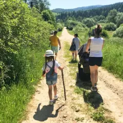 Rodzina spaceruje po górskiej ścieżce w Beskidach. Dziecko z patykiem w ręku idzie na czele, a za nim rodzice z wózkiem.