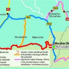 Mapa pokazuje drogę z Zakopanego do Morskiego Oka, z zaznaczonymi objazdami i utrudnieniami.