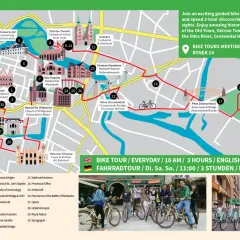 Mapa Wrocławia z trasą rowerową. Co robić we Wrocławiu? Rowerem odkryj 30 atrakcji, w tym Rynek, Ostrów Tumski i Halę Stulecia.