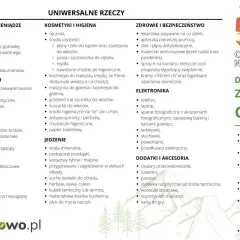 Uniwersalna lista do spakowania na wakacje: dokumenty, kosmetyki, ubrania, jedzenie, leki, elektronika, akcesoria. Dodatkowo w góry: kurtka, bielizna termoaktywna, buty trekkingowe.