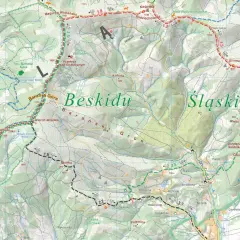 Mapa turystyczna Beskidu Śląskiego: szlaki, szczyty (Barania Góra, Wielki Żar), wodospady i inne atrakcje.