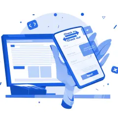 Dłoń trzyma smartfon z formularzem check in. Obok ekran komputera z kodem.