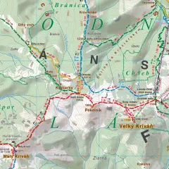 Mapa turystyczna Małej Fatry z zaznaczonymi szlakami, szczytami (np. Veľký Kriváň, Malý Kriváň) i schroniskami.