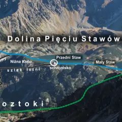 Widok na Dolinę Pięciu Stawów Polskich z zaznaczonymi szlakami. Widoczna jest wysokość i piękno górskiego krajobrazu.