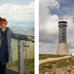 Kobieta na tarasie widokowym podziwia krajobraz. Obok wieża widokowa na Śnieżniku, ile się wchodzi, by zobaczyć taką panoramę.