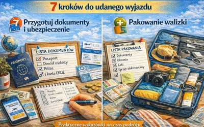 Jak zaplanować podróż? Na lewo lista dokumentów i ubezpieczenie, na prawo pakowanie walizki. Praktyczne wskazówki na wyjazd.