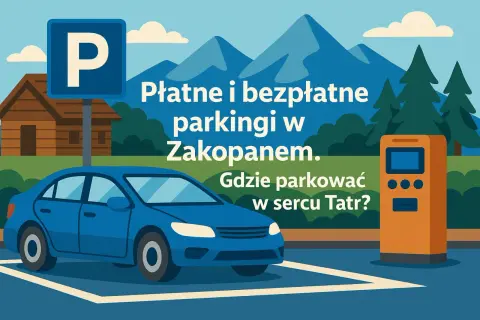 Płatne i bezpłatne parkingi w Zakopanem. Gdzie parkować w sercu Tatr? Ilustracja z niebieskim autem, znakiem P i automatem parkingowym.