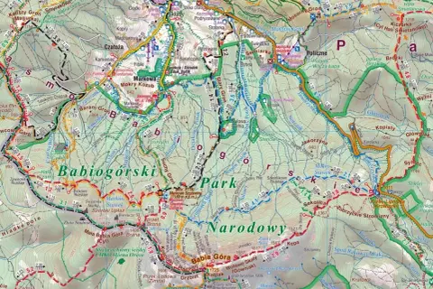 Mapa turystyczna **Beskidu Żywieckiego** z zaznaczonymi szlakami, szczytami (Babia Góra, Diablak) i obiektami.