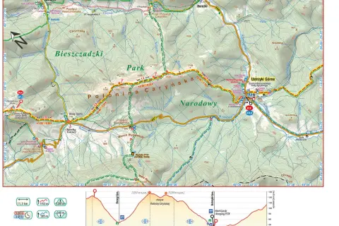 Mapa przedstawia fragment Głównego Szlaku Beskidzkiego, z zaznaczonymi etapami, szczytami (np. Połonina Caryńska) i schroniskami.