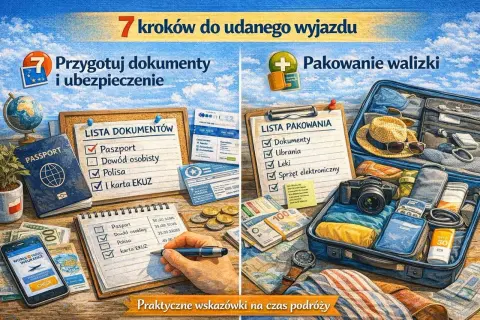 Jak zaplanować podróż? Na lewo lista dokumentów i ubezpieczenie, na prawo pakowanie walizki. Praktyczne wskazówki na wyjazd.