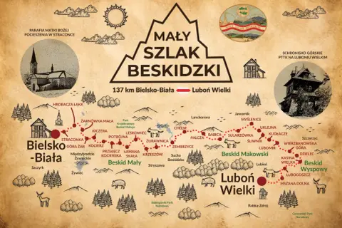 Mapa "Mały Szlak Beskidzki" od Bielska-Białej do Lubonia Wielkiego, ukazująca malownicze trasy i punkty widokowe, w tym Beskid Wyspowy.