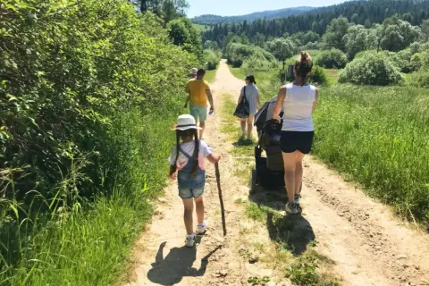 Rodzina spaceruje po górskiej ścieżce w Beskidach. Dziecko z patykiem w ręku idzie na czele, a za nim rodzice z wózkiem.