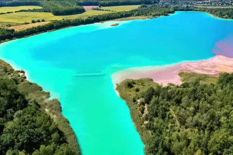 Turkusowe jezioro i różowe plaże tworzą krajobraz jak z Malediwów w Polsce. Otoczone zielenią, zachwyca nietypową urodą.