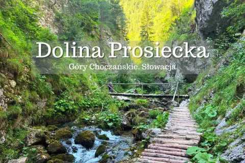 Malownicza ścieżka przez **Dolinę Prosiecką i Kwaczańską** w Górach Choczańskich. Kamienisty potok, drewniany mostek i bujna zieleń.