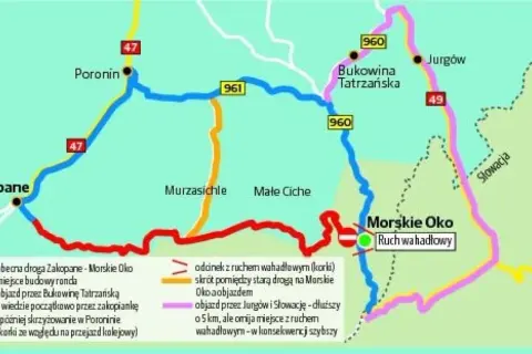 Mapa pokazuje drogę z Zakopanego do Morskiego Oka, z zaznaczonymi objazdami i utrudnieniami.