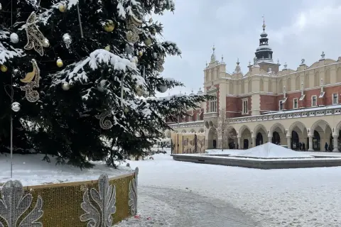 Świąteczna choinka na Rynku Głównym w Krakowie, zimą. W tle Sukiennice. Piękne kraków atrakcje zimą.