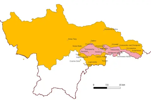 Mapa pokazuje, gdzie są Pieniny, z zaznaczonymi miejscowościami jak Nowy Targ, Krościenko nad Dunajcem i Sromowce Niżne.