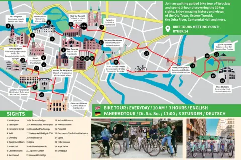 Mapa Wrocławia z trasą rowerową. Co robić we Wrocławiu? Rowerem odkryj 30 atrakcji, w tym Rynek, Ostrów Tumski i Halę Stulecia.