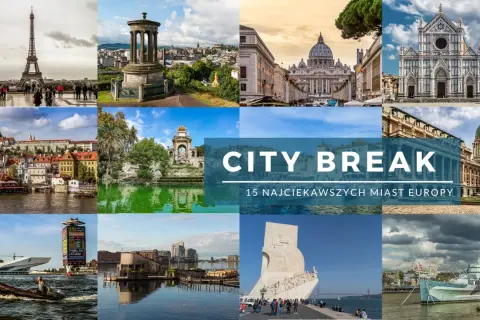 Kolaż zdjęć z najładniejszych miast w Europie: Wieża Eiffla, Watykan, Florencja, Praga, Lizbona i inne. Idealne na city break!