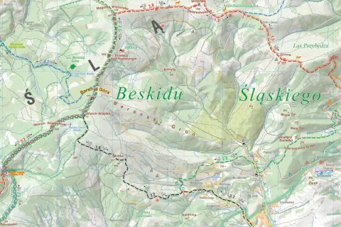 Mapa turystyczna Beskidu Śląskiego: szlaki, szczyty (Barania Góra, Wielki Żar), wodospady i inne atrakcje.