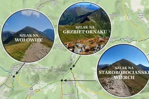 Widok na szlak na Starorobociański Wierch, z kamienistą ścieżką prowadzącą na szczyt.