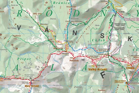 Mapa turystyczna Małej Fatry z zaznaczonymi szlakami, szczytami (np. Veľký Kriváň, Malý Kriváň) i schroniskami.