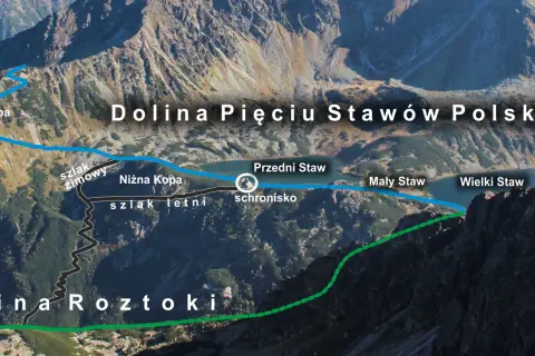 Widok na Dolinę Pięciu Stawów Polskich z zaznaczonymi szlakami. Widoczna jest wysokość i piękno górskiego krajobrazu.