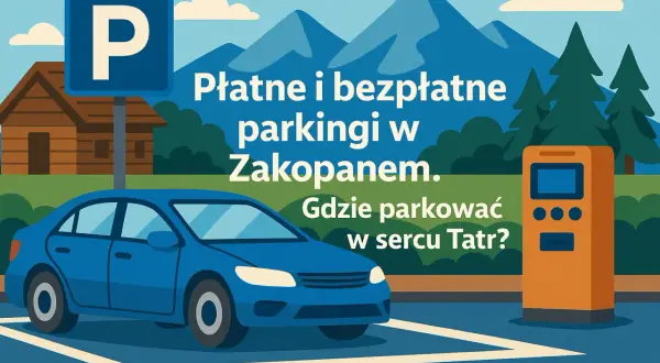 Płatne i bezpłatne parkingi w Zakopanem. Gdzie parkować w sercu Tatr? Ilustracja z niebieskim autem, znakiem P i automatem parkingowym.