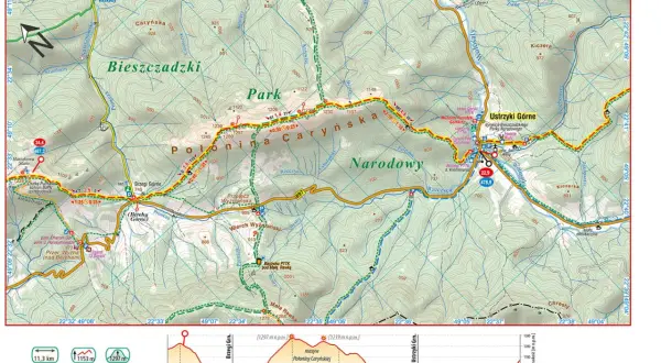 Mapa przedstawia fragment Głównego Szlaku Beskidzkiego, z zaznaczonymi etapami, szczytami (np. Połonina Caryńska) i schroniskami.