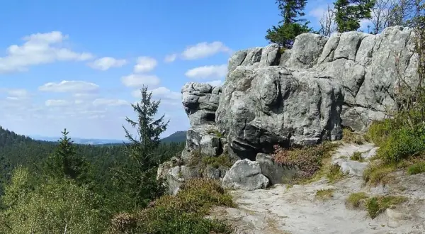 Narożnik Gór Stołowych z skalnymi formacjami i lasem w tle.
