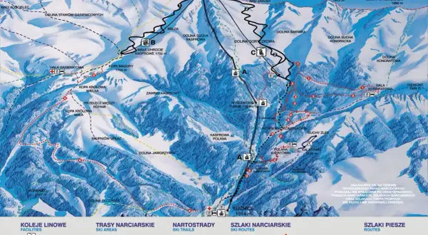 Mapa Tatr z zaznaczonymi szlakami narciarskimi i pieszymi, kolejkami linowymi i szczytami.