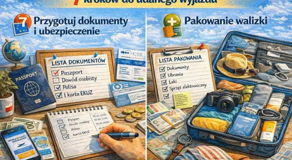 Jak zaplanować podróż? Na lewo lista dokumentów i ubezpieczenie, na prawo pakowanie walizki. Praktyczne wskazówki na wyjazd.