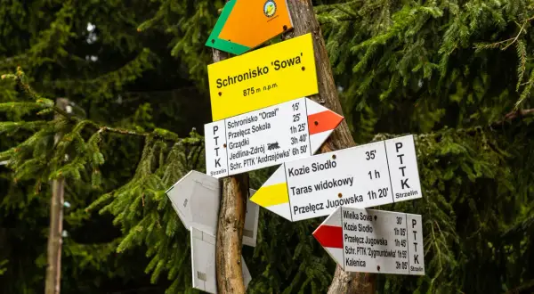 Znaki szlaku turystycznego wskazują drogę do Schroniska 'Sowa', oferując wielka sowa najkrótszy szlak.