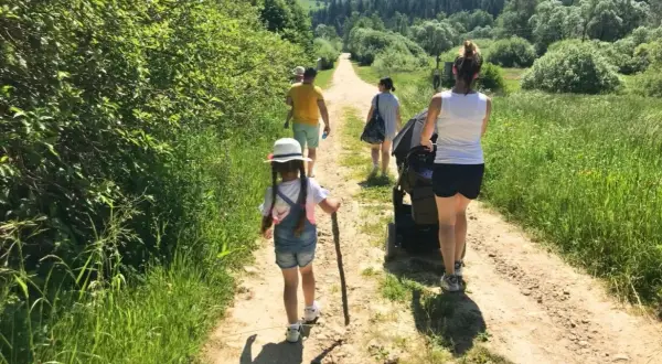 Rodzina spaceruje po górskiej ścieżce w Beskidach. Dziecko z patykiem w ręku idzie na czele, a za nim rodzice z wózkiem.