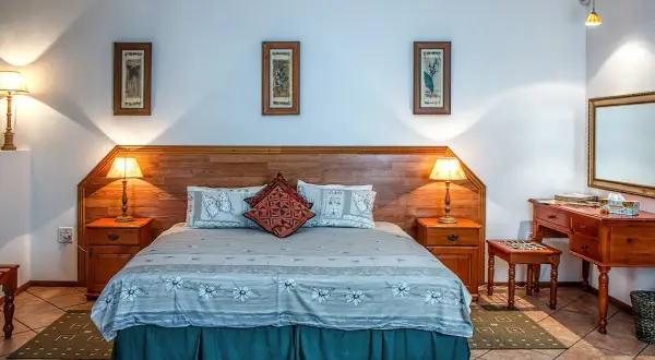 Przytulny pokój hotelowy z dużym łóżkiem, nocnymi stolikami i toaletką. Różne rodzaje pokoi hotelowych oferują komfort i styl.