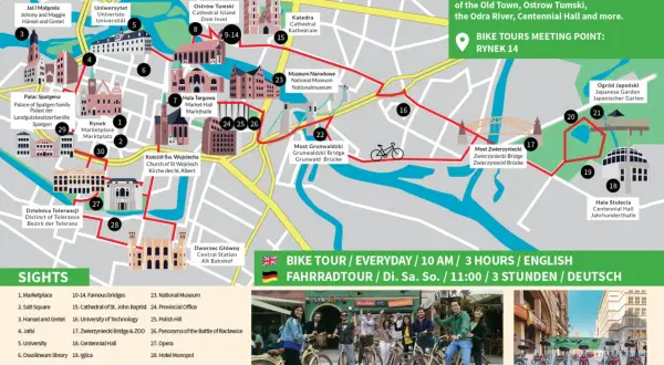 Mapa Wrocławia z trasą rowerową. Co robić we Wrocławiu? Rowerem odkryj 30 atrakcji, w tym Rynek, Ostrów Tumski i Halę Stulecia.
