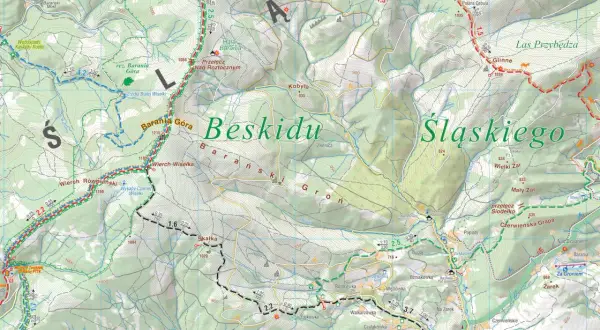 Mapa turystyczna Beskidu Śląskiego: szlaki, szczyty (Barania Góra, Wielki Żar), wodospady i inne atrakcje.