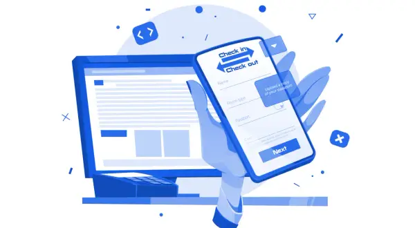 Dłoń trzyma smartfon z formularzem check in. Obok ekran komputera z kodem.