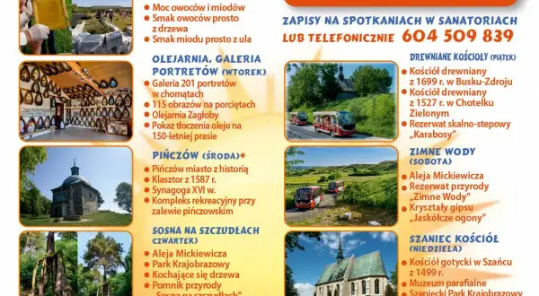 Codzienne wycieczki: pasieka, olearnia, Pińczów, Sosna na Szczudłach, drewniane kościoły, Zimne Wody, Szaniec – atrakcje Busko Zdrój.