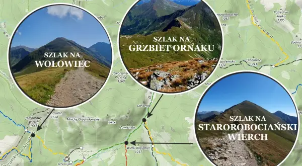 Widok na szlak na Starorobociański Wierch, z kamienistą ścieżką prowadzącą na szczyt.