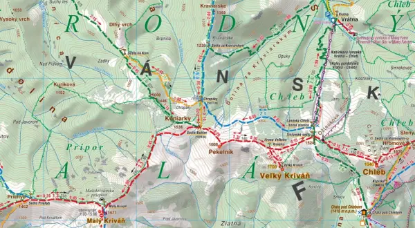 Mapa turystyczna Małej Fatry z zaznaczonymi szlakami, szczytami (np. Veľký Kriváň, Malý Kriváň) i schroniskami.