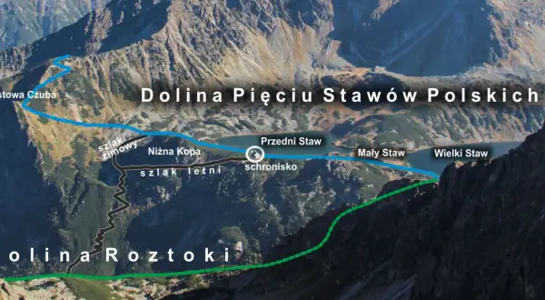 Widok na Dolinę Pięciu Stawów Polskich z zaznaczonymi szlakami. Widoczna jest wysokość i piękno górskiego krajobrazu.
