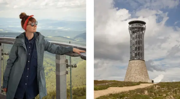 Kobieta na tarasie widokowym podziwia krajobraz. Obok wieża widokowa na Śnieżniku, ile się wchodzi, by zobaczyć taką panoramę.