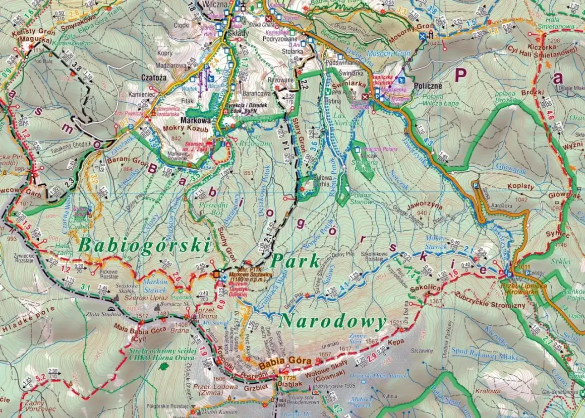 Mapa turystyczna **Beskidu Żywieckiego** z zaznaczonymi szlakami, szczytami (Babia Góra, Diablak) i obiektami.