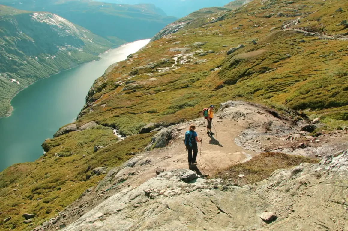 Dwie osoby wędrują po skalistym szlaku w górach w Norwegii, podziwiając malowniczy fiord.